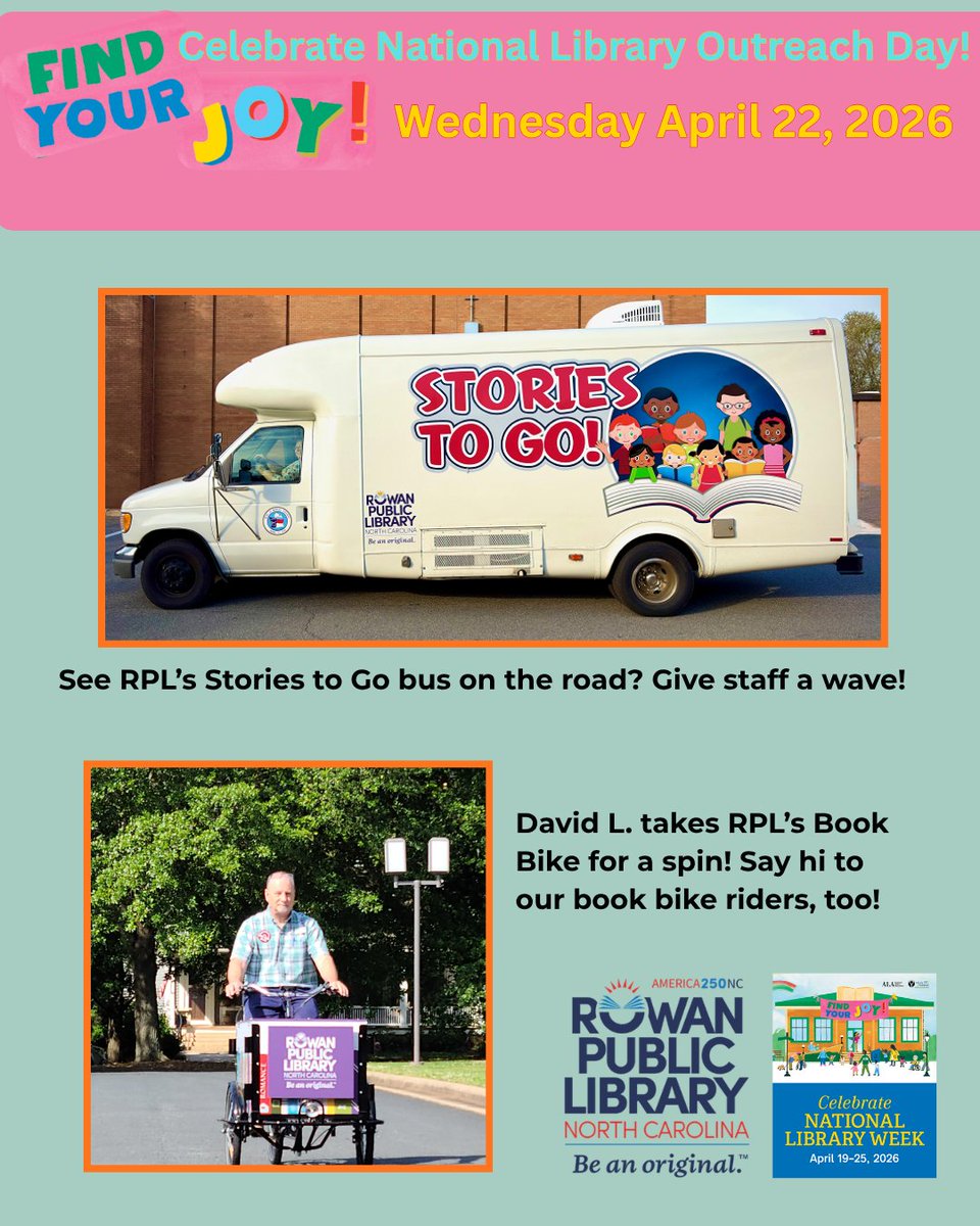 rowanlibrarync's tweet photo. FUN FACT for #NationalLibraryWeek day four: Did you know that RPL takes its services on the road? That's right – #LibraryJoy can happen outside RPL's buildings, too!
If you see the Stories to Go bus, the RPL Book Bike, or the courier van on the road, make sure to wave hello! https://t.co/hz8CxHlrE6
