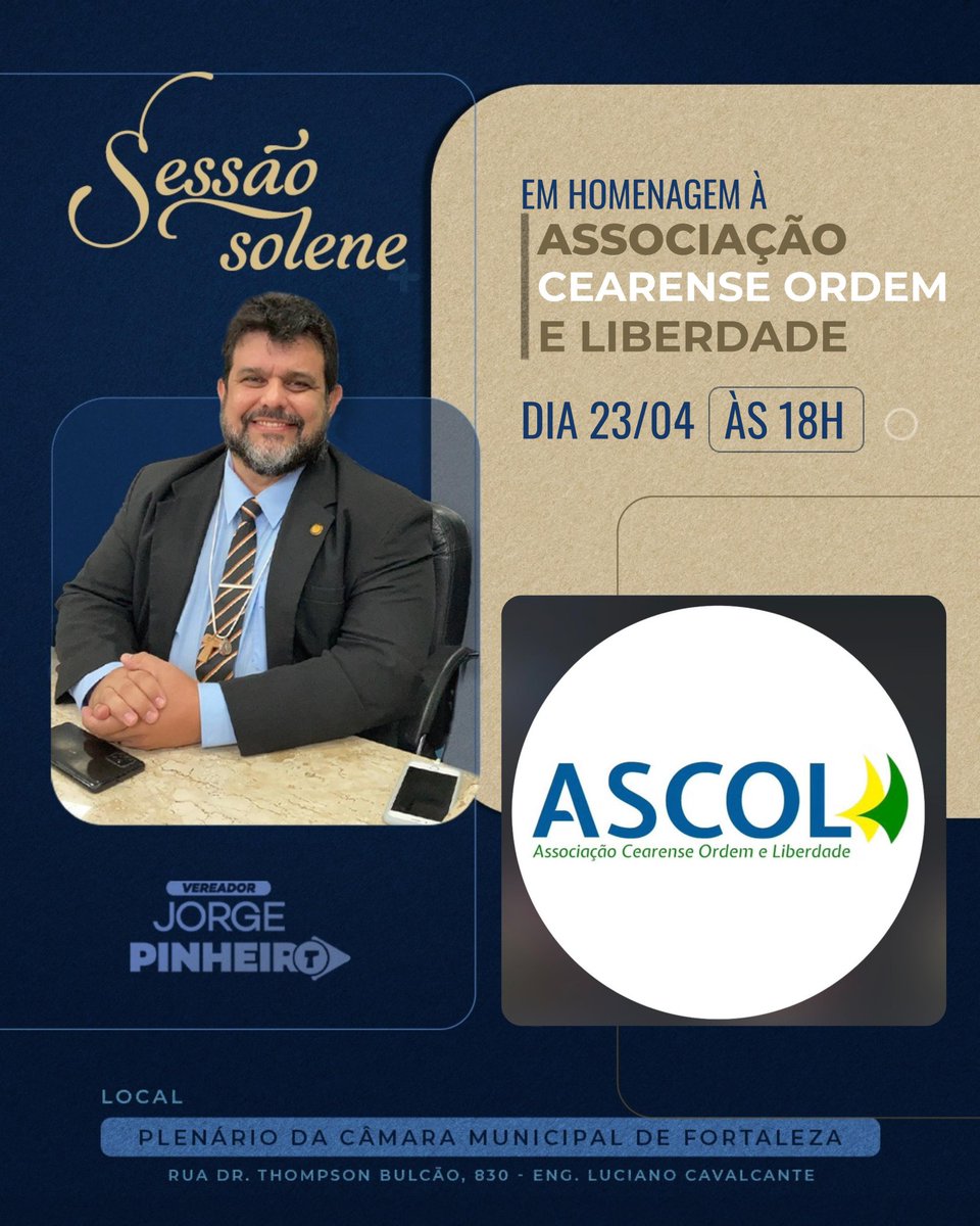 A ASCOL convida a todos os nossos associados, seguidores e apoiadores a se fazerem presentes nesse grande momento na Câmara Municipal de Fortaleza.

#CMFor #homenagem #ascol #vereadorjorgepinheiro #ordemeliberdadeceara