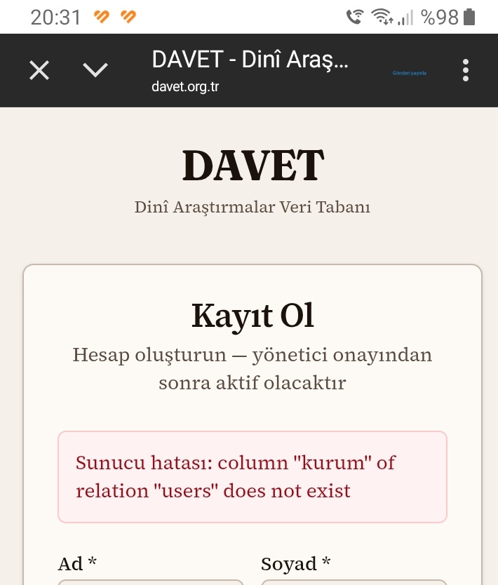 hsofuoglu's tweet photo. @DrAbdullahDemir Hayırlı olsun hocam, öncelikle tebrik ediyorum. 

Ben daha önceden üye olmuştum. Ancak o zaman belirlediğim kullanıcı adı ve şifre ile oturum açılmıyor. 

Yeni üyelik için bilgilerimi giriyorum, bu sefer veritabanı uyumsuzluğu yaşandığı için yeni üyelik de gerçekleşmiyor. https://t.co/UGCRcsYRFa
