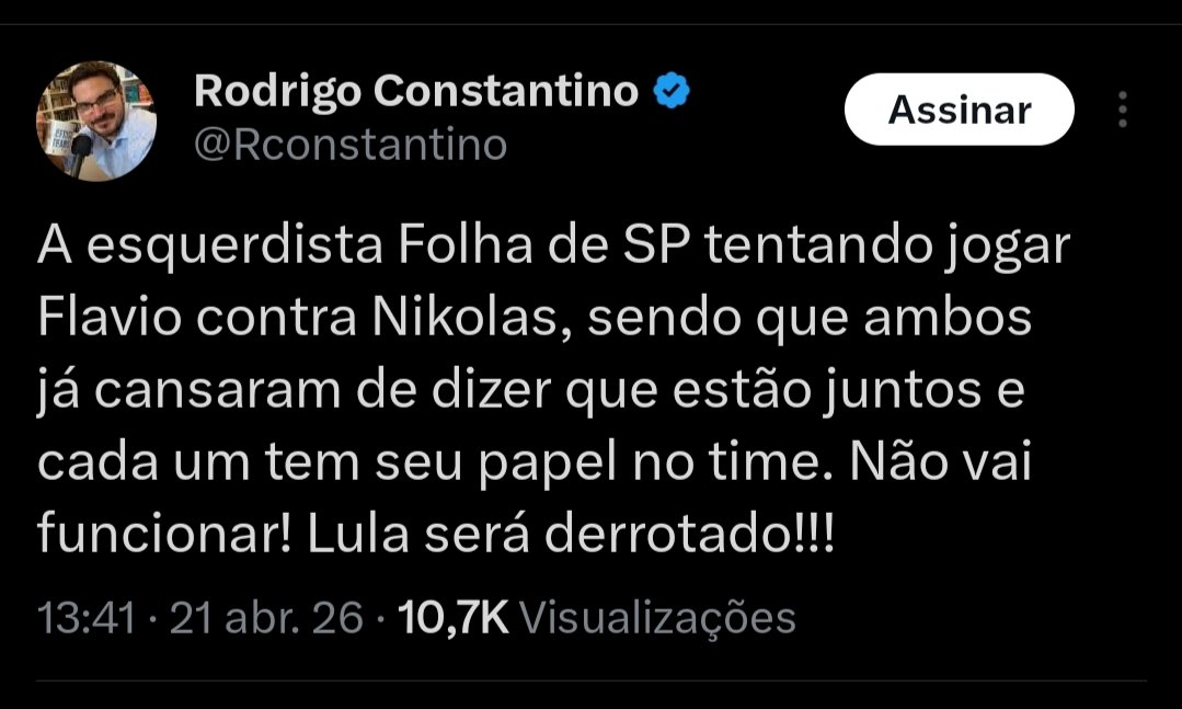Nem mesmo a Folha de S.Paulo com viés esquerdista passa tanto pano quanto você <a href="/Rconstantino/">Rodrigo Constantino</a>. 

Está cada vez mais evidente: <a href="/nikolas_dm/">Nikolas Ferreira</a> é Zema (🍊), assim como você e toda sua turma!
Não vamos aceitar OPORTUNISTAS traindo e tentando se aproveitar do nome Bolsonaro para