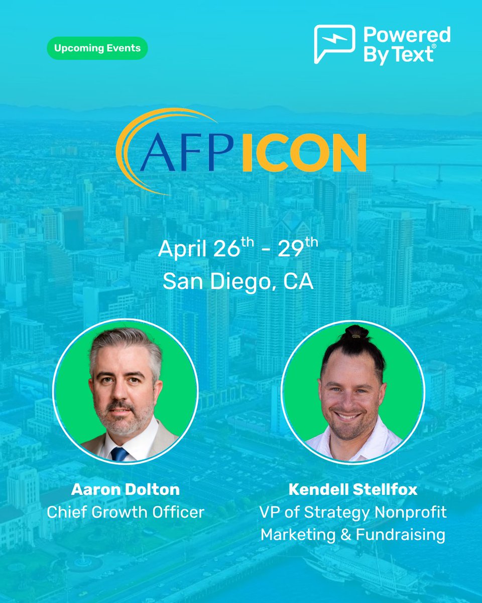 PoweredByText's tweet photo. ⭐️ We are thrilled to be heading to San Diego, CA, for AFP ICON 2026!

⚡️ The Powered By Text team is ready to help nonprofit leaders and fundraisers build deeper, more meaningful connections with their donors through the power of text and proven strategies.

Stop by our booth and say hello!

🙌 If you'll be at AFP ICON 2026, set up a time to meet with our team:
📲 Text AARON to 77007
📲 Text KENDELL to 77007

#AFPICON2026 #DonorEngagement #MinistryTech #PoweredByText #Stewardship #NonprofitLeadership #SanDiego