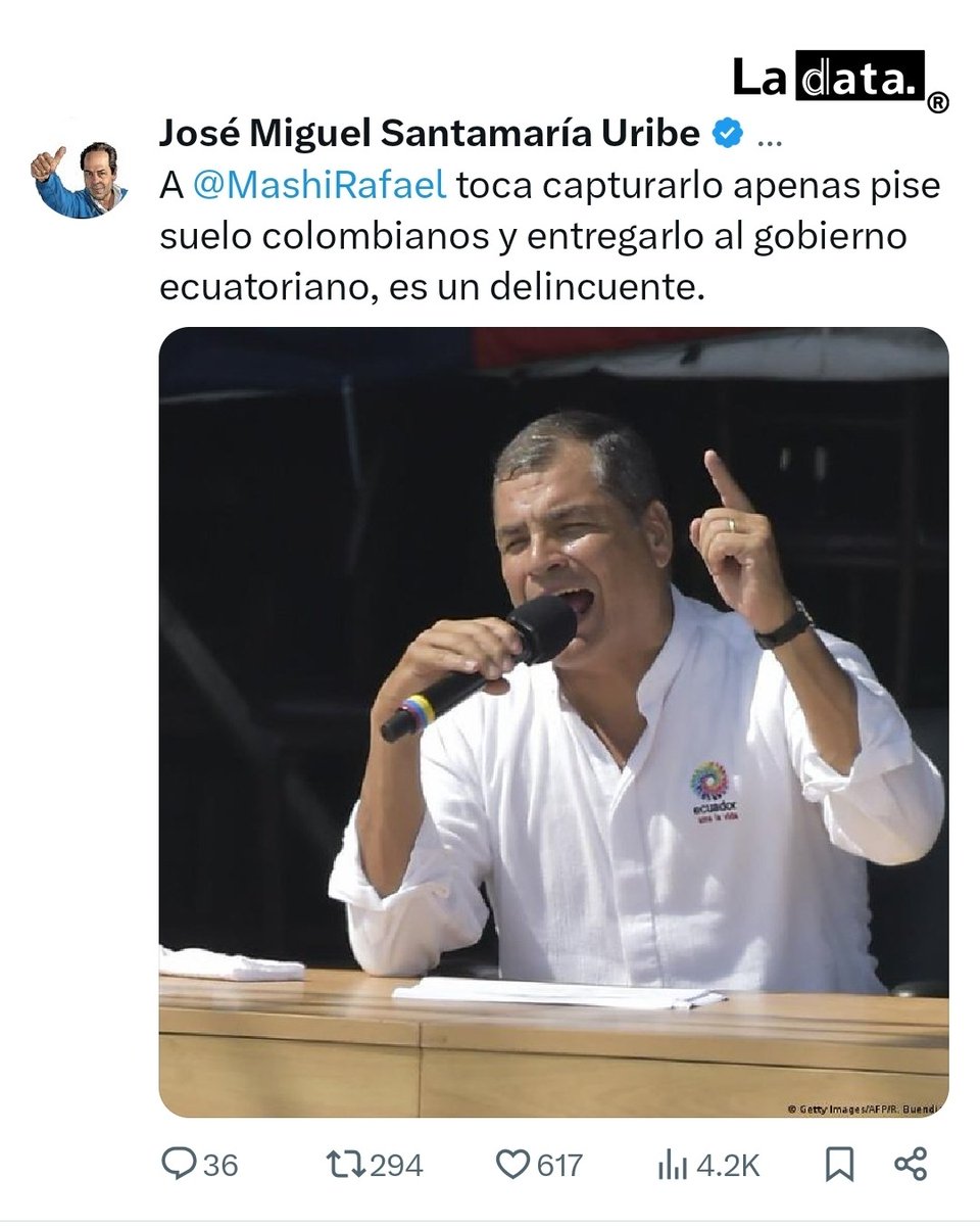 #Tendencia José Miguel Santamaría insta al Gobierno de Colombia a capturar y extraditar al prófugo Rafael Correa.

​El panorama para el expresidente Rafael Correa podría complicarse en el vecindario. El analista político y empresario colombiano, José Miguel Santamaría Uribe,