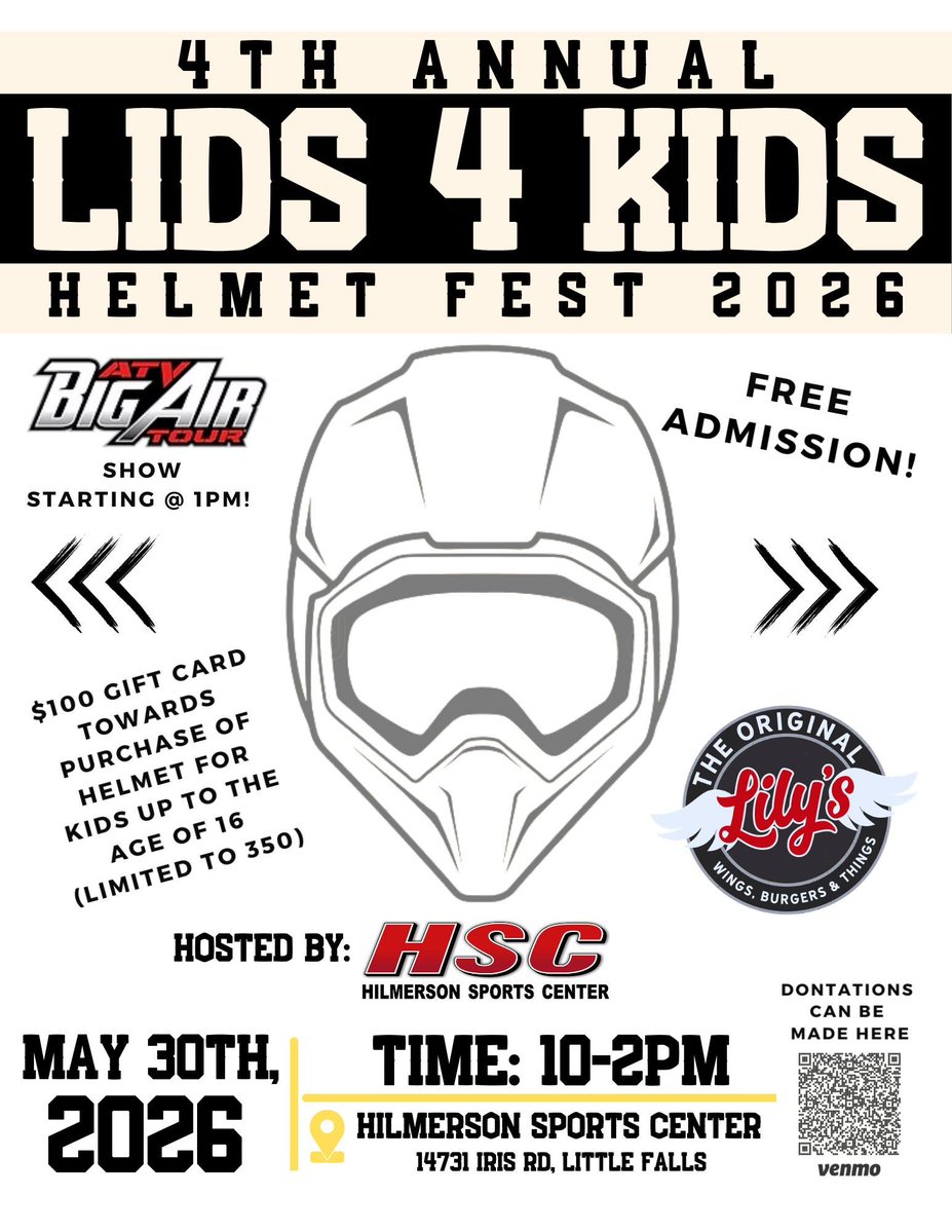 cdcmorrisonmn's tweet image. 🚲The 4th Annual #Lids4Kids Helmet Fest 2026 is 5/30 at 10am! 📆
$100 gift helmet purchase for all kids 16 &amp;amp; under
Free ATV Big Air Show at 1pm
Vendors
Lily's Wings, Burgers &amp;amp; Things
facebook.com/share/1UuAtVvh…
Hilmerson Sports Center
📍 14731 Iris Rd
#LittleFallsMN #MorrisonCounty