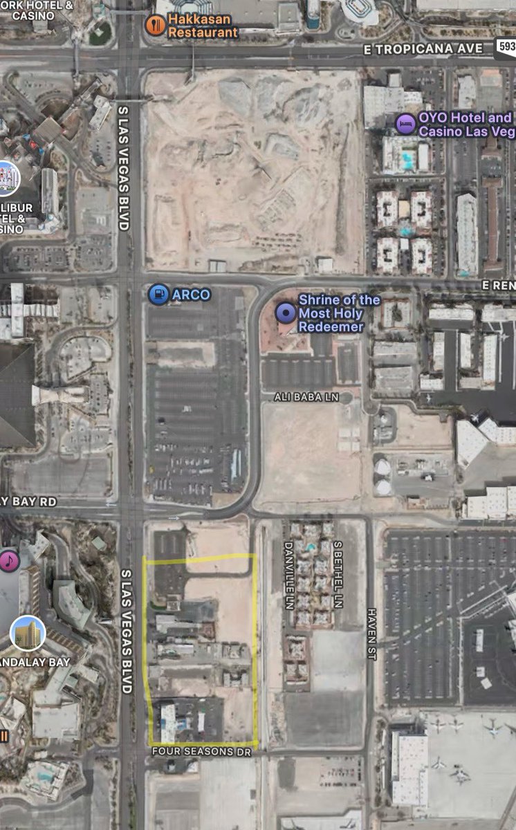 mickakers's tweet image. The 11 acres of land the Diamond Arena would be located at, is in the yellow border below. Would be just down the Strip from the A’s ballpark. #vegas #nba