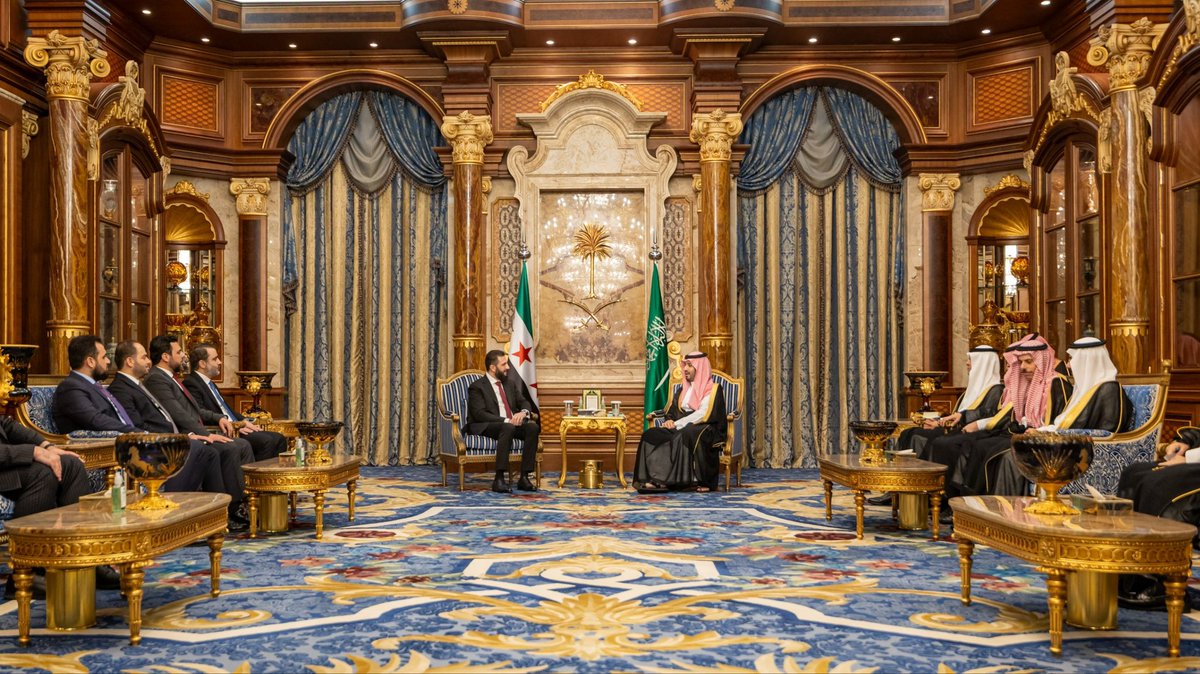 QUSAY_NOOR_'s tweet image. President Ahmad al-Sharaa met in #Jeddah with His Royal Highness Prince Mohammed bin Salman Al Saud, Crown Prince and Prime Minister, during an official visit to the #SaudiArabia.

The two sides held a meeting in the presence of officials from both countries, discussing bilateral