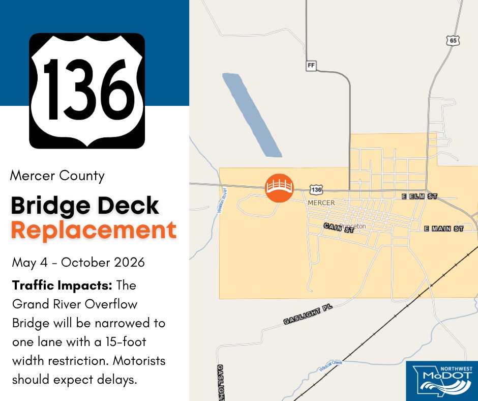 ModotNorthwest's tweet photo. A bridge deck replacement project on the U.S. Route 136 Grand River Overflow Bridge in Princeton is scheduled to begin Monday, May 4. The bridge will be narrowed to one lane with temporary traffic signals, and a 15-foot width restriction will be in place. 
https://t.co/mpiUDsMHYk https://t.co/QTU59VbkQF