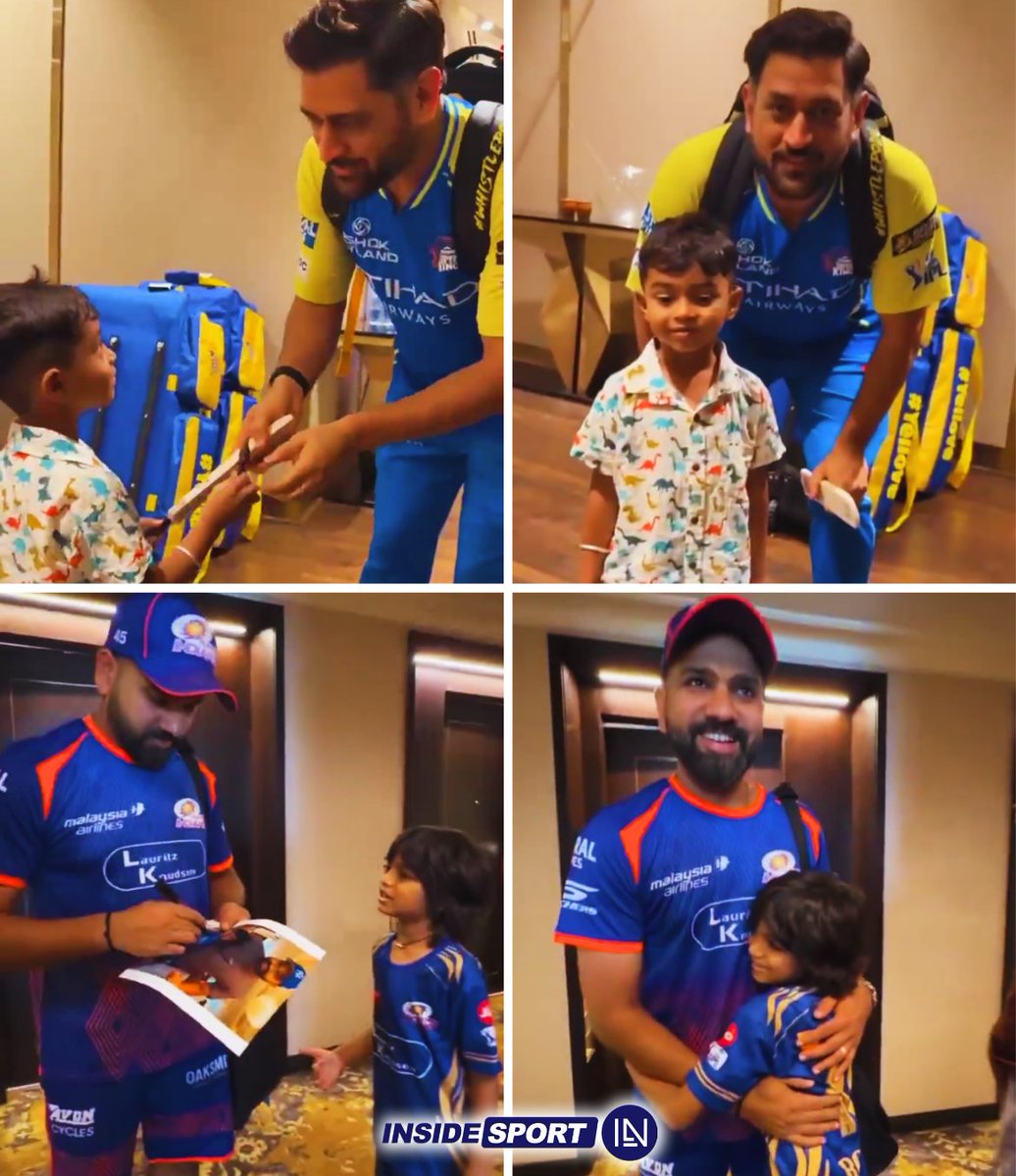 InsideSportIND's tweet image. MS Dhoni and Rohit Sharma giving autograph to young fans 🥹

#IPL #MSDhoni #RohitSharma #Cricket