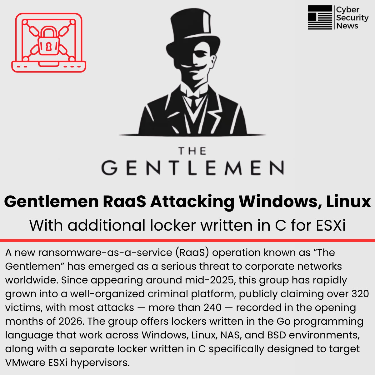 🚨 Gentlemen RaaS Attacking Windows, Linux With additional locker written in C for ESXi 

Source: cybersecuritynews.com/gentlemen-raas…

A new ransomware-as-a-service (RaaS) operation known as “The Gentlemen” has emerged as a serious threat to corporate networks worldwide.

Since appearing