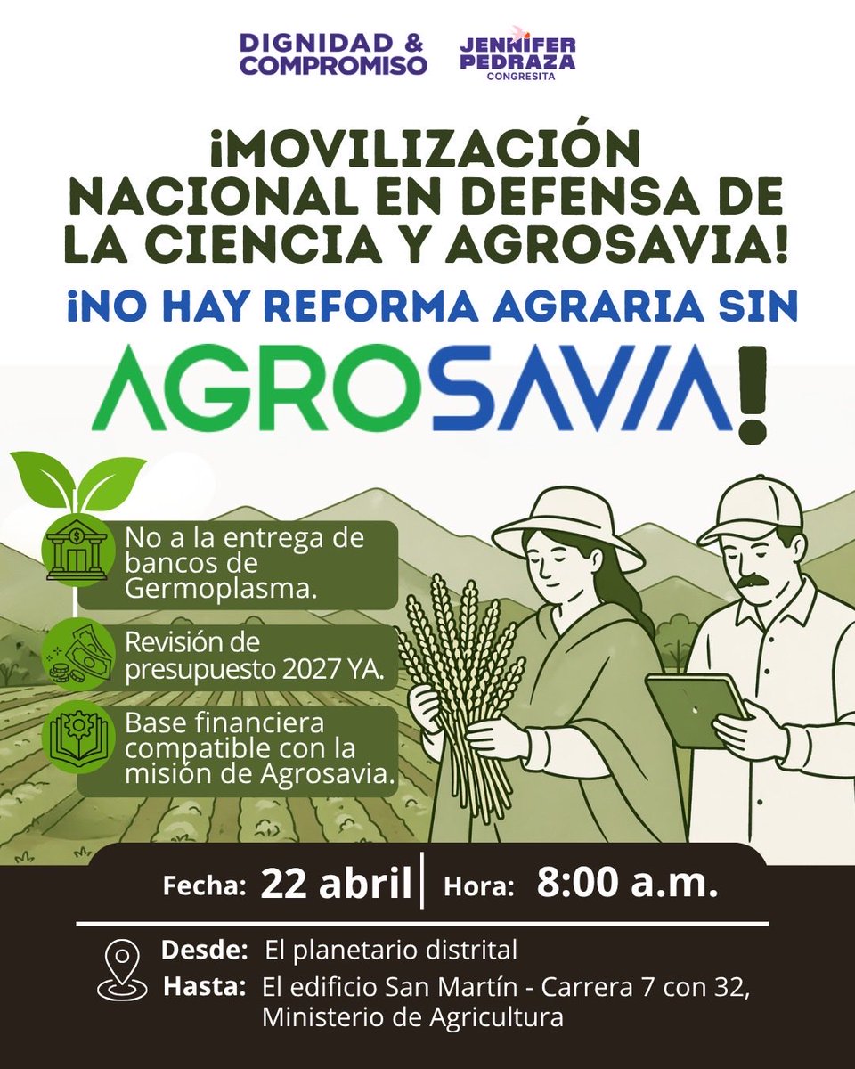 JenniferPedraz's tweet photo. En el Presupuesto 2027, el Gobierno quiere recortar más del 44% a AGROSAVIA. ¡Esto es un golpe a la soberanía alimentaria  del país y para la ciencia agropecuaria!😡

¡Mañana hay plantón para defender esta entidad! Allá nos vemos ✊🇨🇴 @SomosAGROSAVIA https://t.co/0rBpDq6HTB