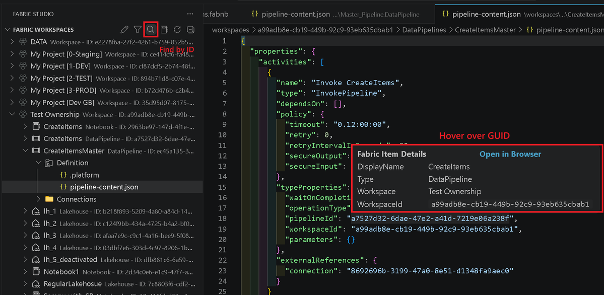 GBrueckl's tweet image. Have you ever wondered where those GUIDs that #Fabric randomly throws at you belong to?
I have something for you!

Finding and Resolving GUIDs is directly accessible from #FabricStudio for #VSCode
Marketplace: [Fabric Studio](marketplace.visualstudio.com/items?itemName…)