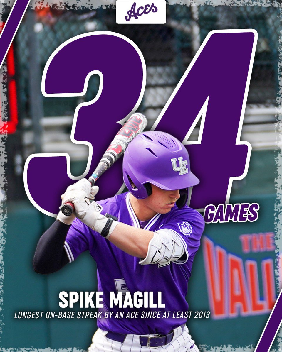UEAthleticsBASE's tweet image. 𝙃𝙚 𝙜𝙚𝙩𝙨 𝙤𝙣 𝙗𝙖𝙨𝙚 

3️⃣4️⃣ straight games reaching base for @SpikeMagill2025, the longest streak by an Ace since at least 2013!

⚾️ #ForTheAces x #GUAC 🥑