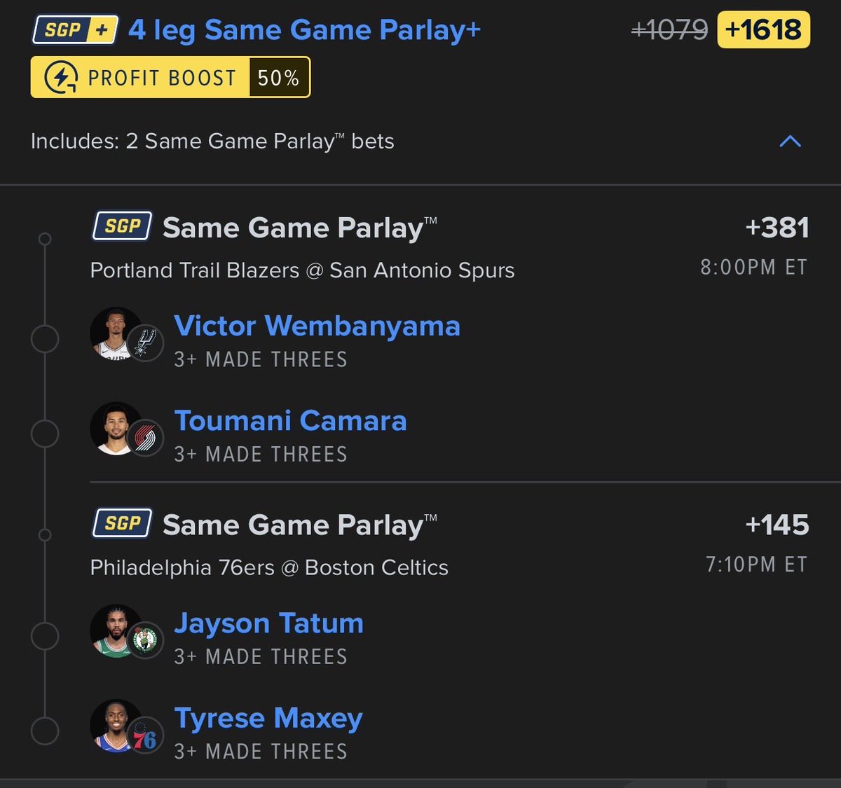 ThisGirlBetz's tweet image. ⭐️PARLAY OF THE DAY⭐️
#NBA

Let’s switch it up and cash NBA.

In partnership with @pikkitsports 
SIGN UP with my link.
app.pikkit.com/subscribe?ref=…

3’s #PARLAY +1620

🏀V.Wembanyama
🏀T.Camara
🏀J.Tatum
🏀T.Maxey

🍀LIKE + RT🍀 if you are tailing !
#Gambling𝕏