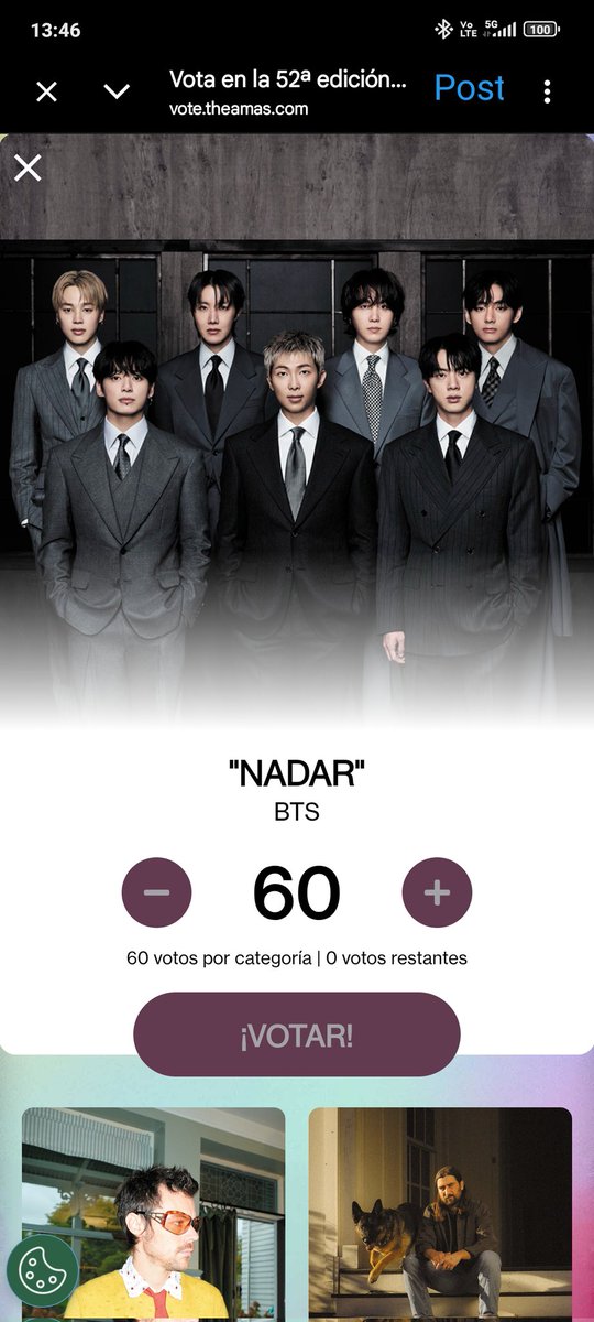 MariaJesusGY's tweet photo. @onlyARMYclvote @bts_bighit Votos listos en mis 3 cuentas 🫡💜 https://t.co/UYbd7TsKvy