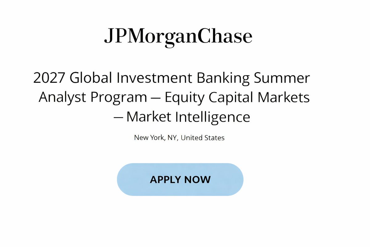 opportunitiesfy's tweet image. 🚀 $110K Investment Banking Internship 2027 at JPMorganChase—Equity Capital Markets Summer Analyst Program now open; apply by May 2: wp.me/p23f03-kNb 

#InvestmentBanking #Internships #FinanceCareers