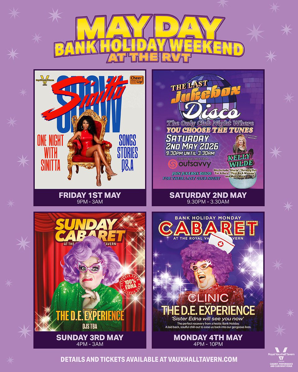 thervt's tweet photo. May Day Bank Holiday Weekend at The RVT! 🥳

✨ Friday: Cheer Up with Sinitta

✨ Saturday: Jukebox Disco with Kelly Wilde

✨ Sunday: Sunday Cabaret with The D.E. Experience 

✨ Bank Holiday Monday: Clinic with The D.E. Experience

🎟️ https://t.co/hwWOp9dNxU https://t.co/fAJFyQLC12