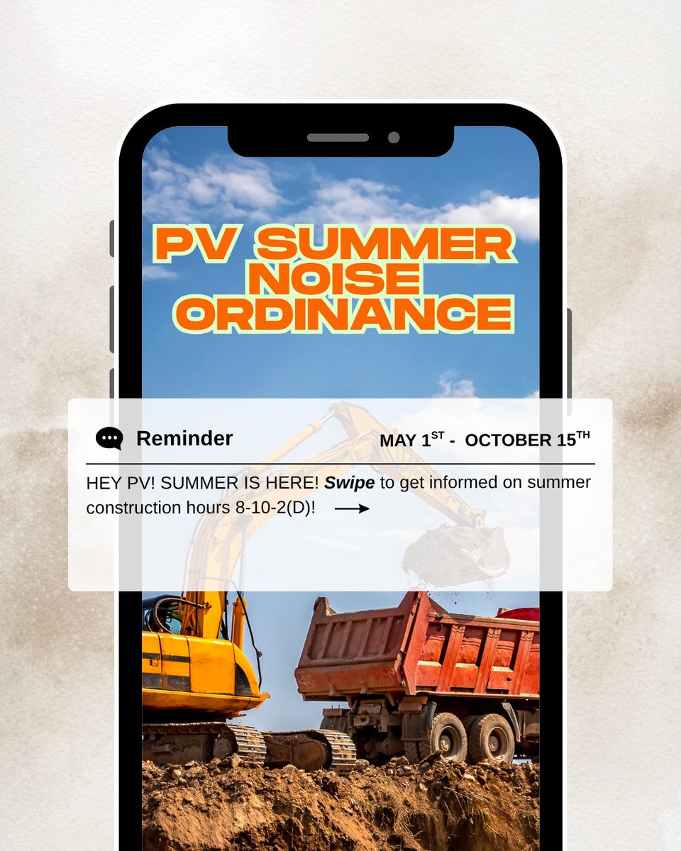 PVPolice's tweet photo. 🚧 Construction Hours Update 🚧

Construction hours are officially returning to the summer schedule (May 1 – October 15). Residents and contractors are encouraged to review Town Code 8-10-2(D) to stay informed.

Summer Construction Hours:

Monday – Friday: 5:00 AM – 7:00 PM
• Deliveries and heavy machinery permitted
• Concrete pouring may begin as early as 4:00 AM

Saturday: 7:00 AM – 7:00 PM
• Deliveries permitted
• No heavy machinery use
• Concrete pouring may begin as early as 6:00 AM

Sunday: 8:00 AM – 5:00 PM
• No deliveries or heavy machinery
• Noise is allowed but limited to 75 dB or less from the property line

Holidays: 9:00 AM – 5:00 PM
• No deliveries or heavy machinery
• Noise is allowed but limited to 75 dB or less from the property line

Need to report a violation? Please contact the Paradise Valley PD - Non emergency number: 480-948-7410 OR the Town of Paradise Valley Code Enforcement: 480-348-3551. 

We appreciate the community’s cooperation as we work to balance growth with quality of life.

#TownUpdates #ConstructionNotice