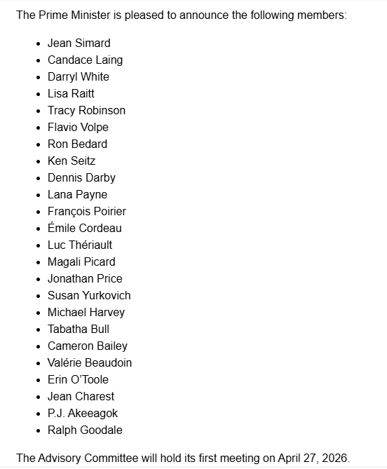 FairplayDesigns's tweet image. #FederalNews #Canada 
Carney's new Advisory Committee. 
Why did he pick Lisa Raitt????