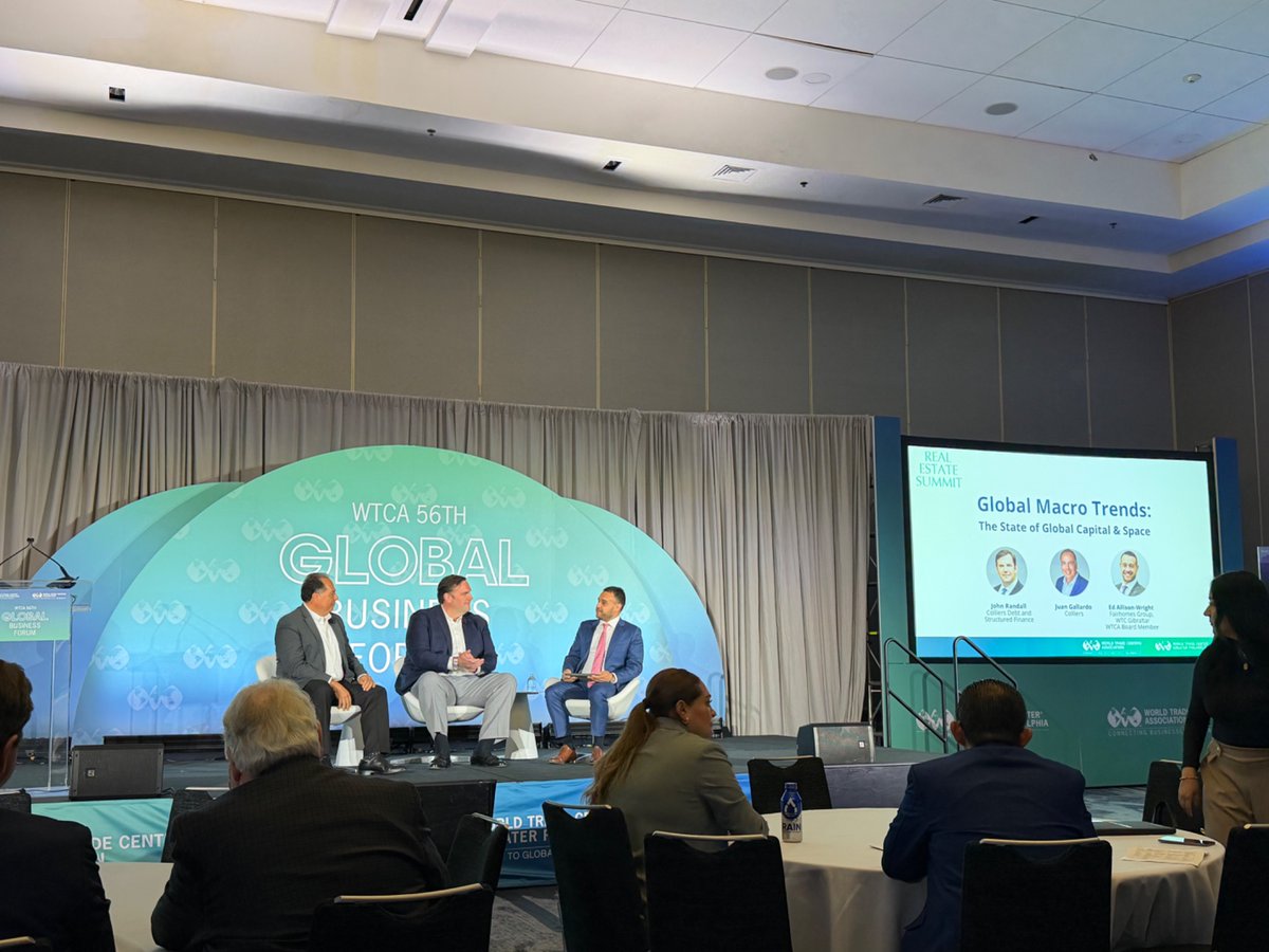 WTCA's tweet image. Next up: “Global Macro Trends: The State of Global Capital &amp;amp; Space” w/ @EdAllisonWright (@WTC_Gib), and John Randall and Juan Gallardo (@Colliers). #WTCAEvents #WTCAinPhilly @WTCPhila #CRE #ConnectingBusinessesGlobally