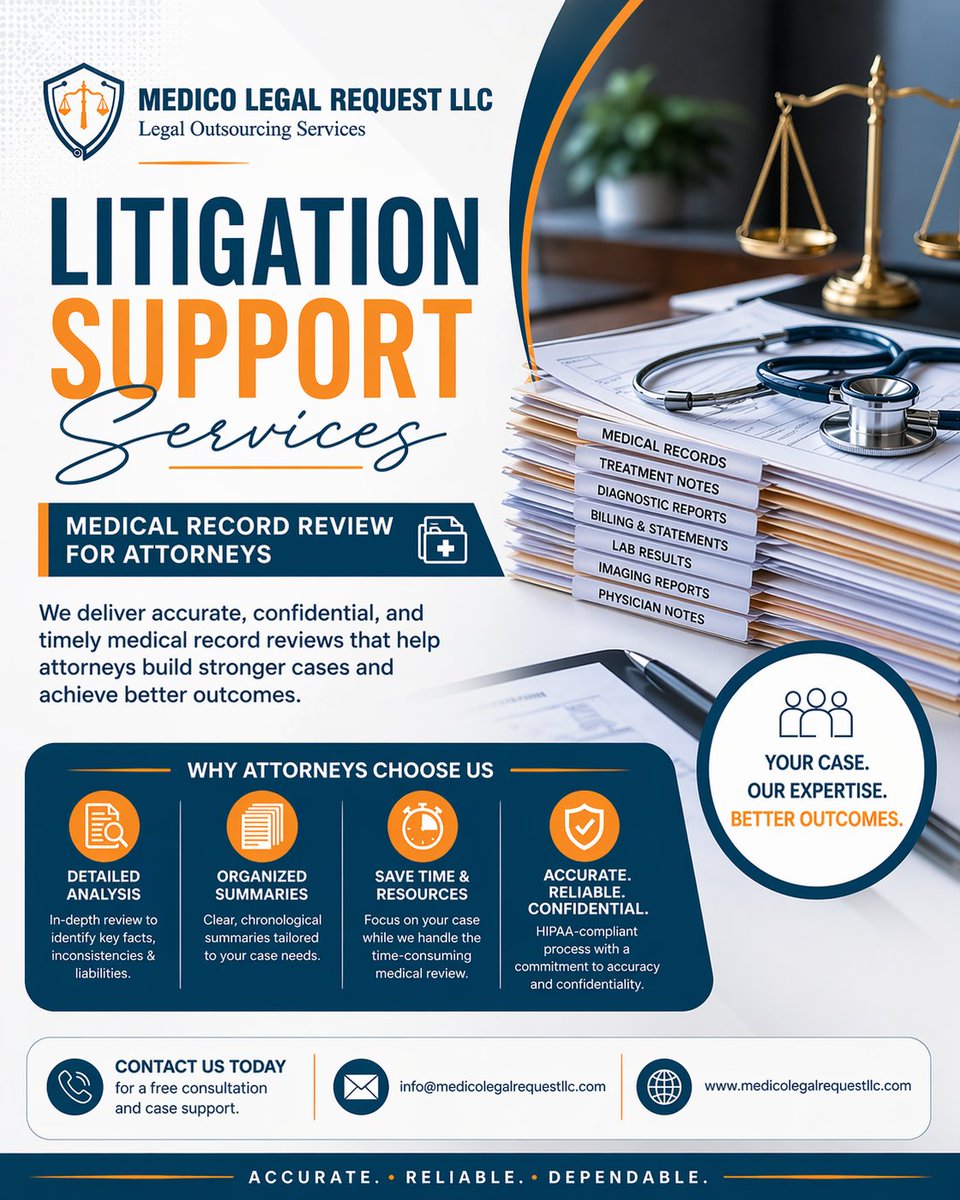 MedicoLlc's tweet image. At Medico Legal Request LLC, we provide detailed medical record reviews that help attorneys:
🔍 Identify critical facts
📂 Organize complex records
⚖️ Build stronger legal strategies

🌐 medicolegalrequestllc.com

#legalsupportservices #medicolegal #litigationsupport