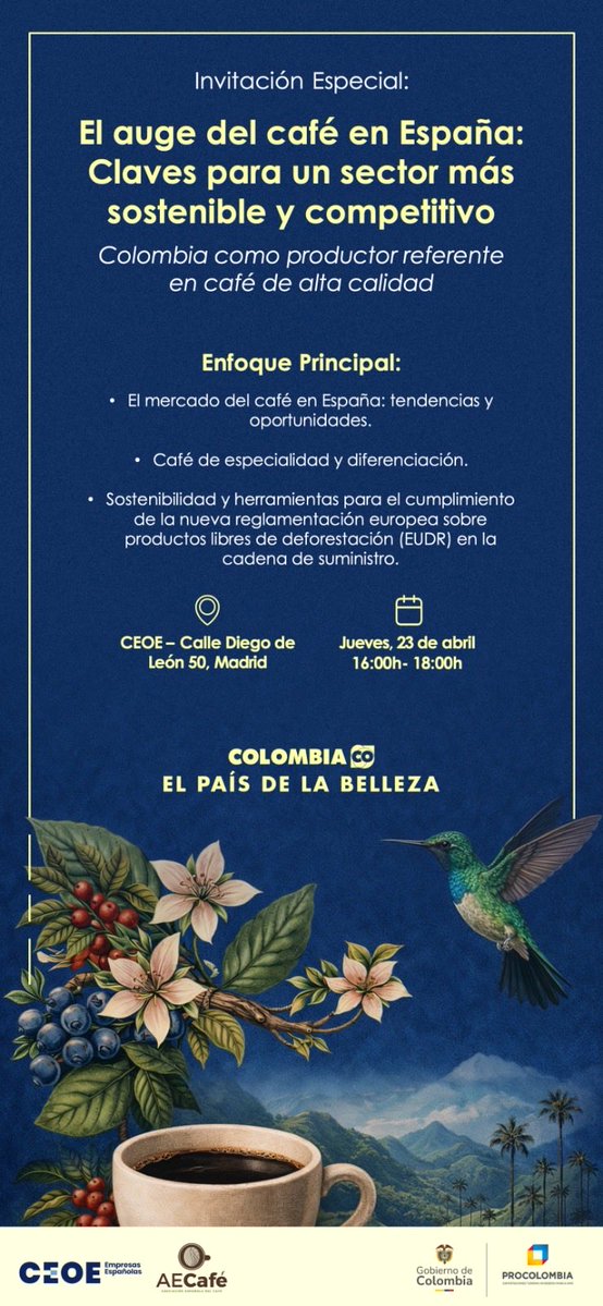 La <a href="/EmbajadaColEsp/">Embajada de Colombia en España</a>, <a href="/PROCOLOMBIACO/">PROCOLOMBIA</a> y la AEC, en colaboración con CEOE, invitan al conversatorio ‘El auge del café en España: claves para un sector más sostenible y competitivo. Colombia como referente en café de alta calidad.’ 23 de abril. Inscríbete aquí:
docs.google.com/forms/d/e/1FAI…