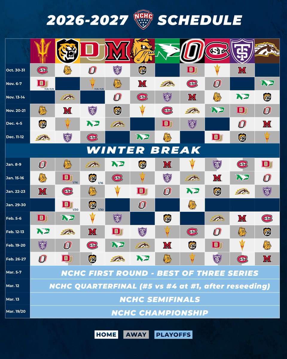 TheNCHC's tweet photo. Who's ready for next season in #theNational?!?

Mark your calendars... the pursuit of the #PenroseCup begins Oct. 30! 👀🎉

Plus, we'll have a new, 10-team format for the 2027 #FrozenFaceoff!

📰: https://t.co/p04H6NXRUT
🗓️: https://t.co/BXFixAfU9Y https://t.co/poDVmr00yo