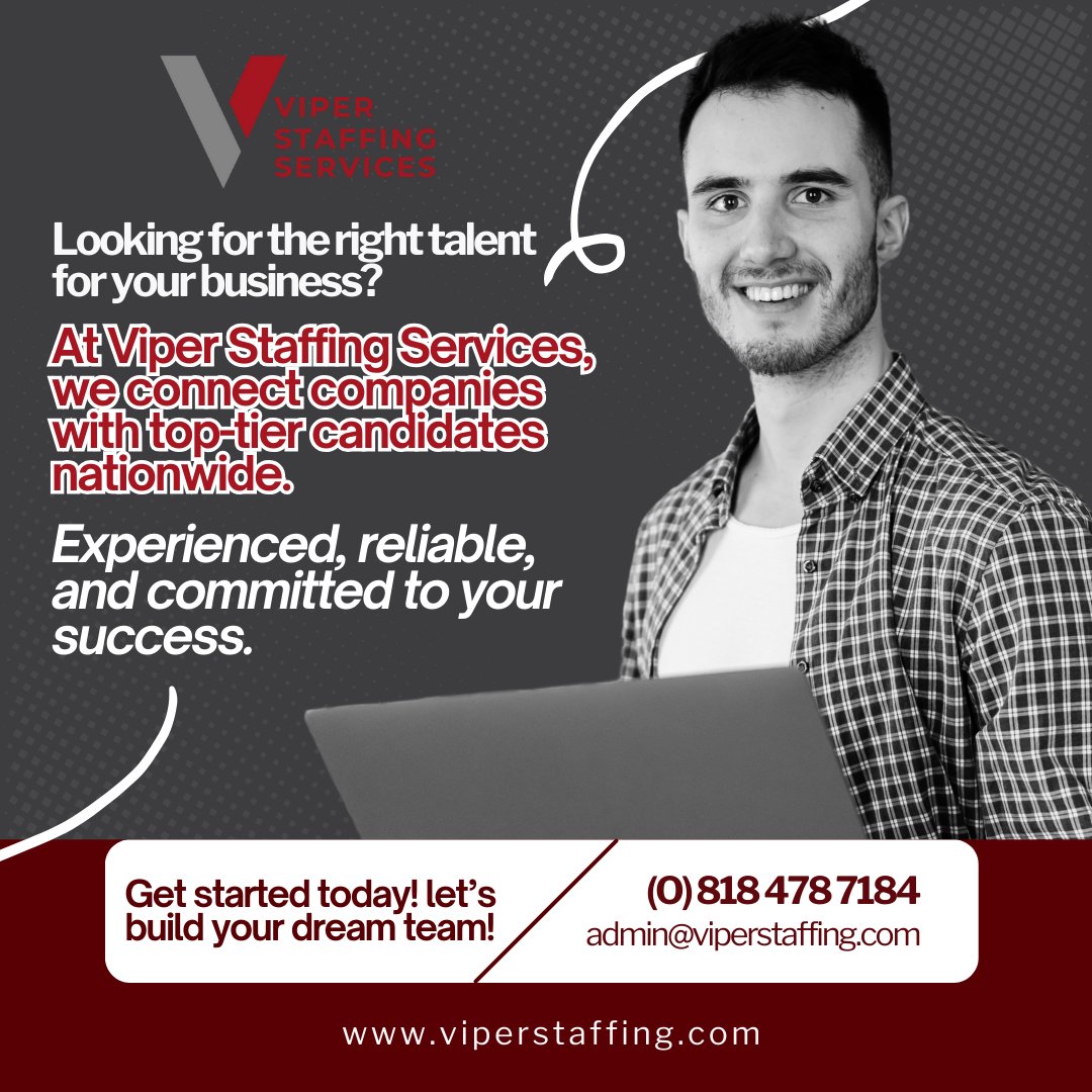 ViperStaffing's tweet image. Looking for the right talent for your business? 💼

👉 Get started today—let’s build your dream team!
🔗 Visit: viperstaffing.com
📩 Email your resume: admin@viperstaffing.com

#StaffingSolutions #RecruitmentExperts #ViperStaffing #HireTopTalent #NationwideStaffing