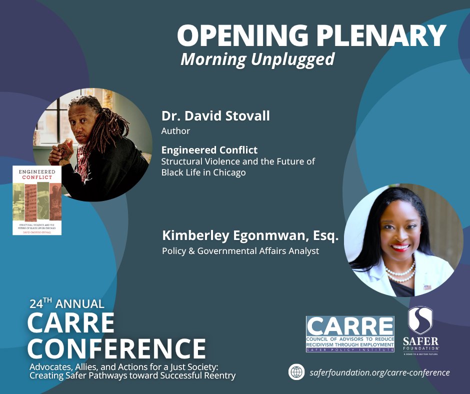 SaferFoundation's tweet photo. Join Professor David Stovall, author of Engineered Conflict, in conversation with Kimberley Egonmwan, Esq., Policy and Governmental Affairs Analyst, at the 24th Annual CARRE Conference.

📅 April 28, 2026
📍 Kroc Center, Chicago
Register: https://t.co/b5MolYaUXA https://t.co/SFP8UGBgq6