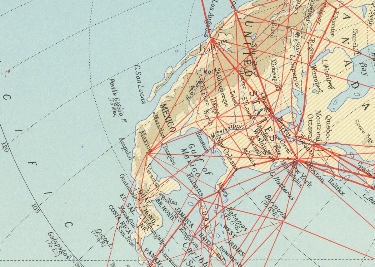 ¿Por qué sale México 🇲🇽 de lado en este mapa de 1957?

Porque se trata de una proyección cartográfica un poco peculiar para destacar las rutas aéreas en el Atlántico Norte. Se llama proyección "Nórdica" de John Bartholomew.

Vamos viendo detalles en el hilo 👇