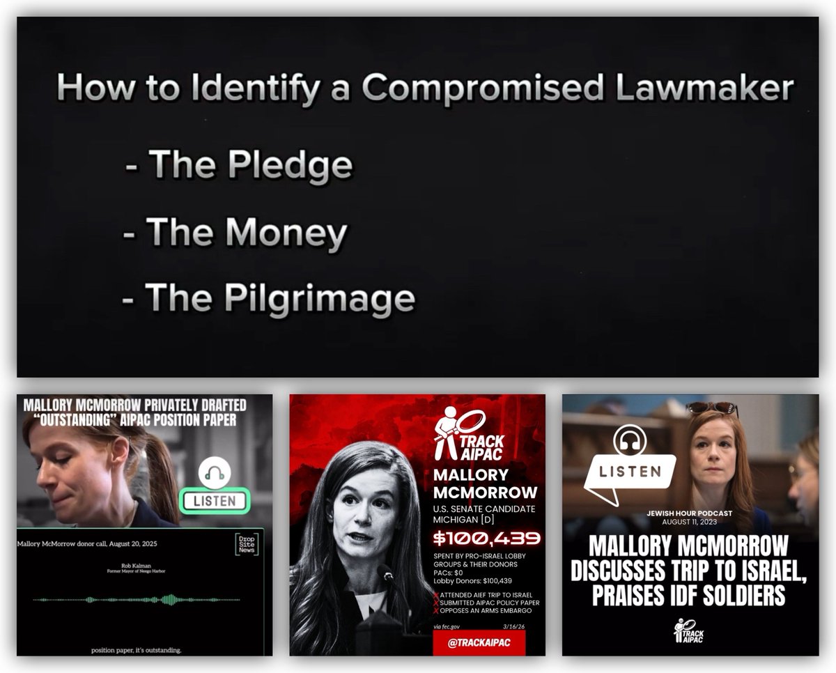 GenXGirl1994's tweet image. Do You Know How to Identify a Compromised Lawmaker?

✅Take Israel lobby Money
✅Sign the AIPAC Pledge
✅Make the Pilgrimage to Israel

Mallory McMorrow did all three.