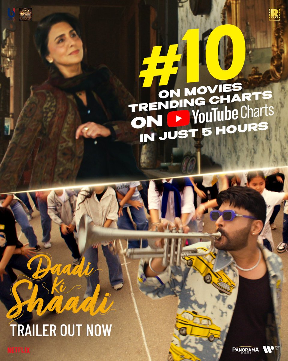 RTakeStudios's tweet image. The invite to this wildcard wedding has taken over the internet! 😍

#DaadiKiShaadi - trailer trending on YouTube Charts 
 🔗 -  bit.ly/DaadiKiShaadiT…

In cinemas on 8th May, 2026.
Gen D to Gen Z — all are invited.

#SaveTheDate #DaadiKiShaadiOn8thMay #WillSheWontShe