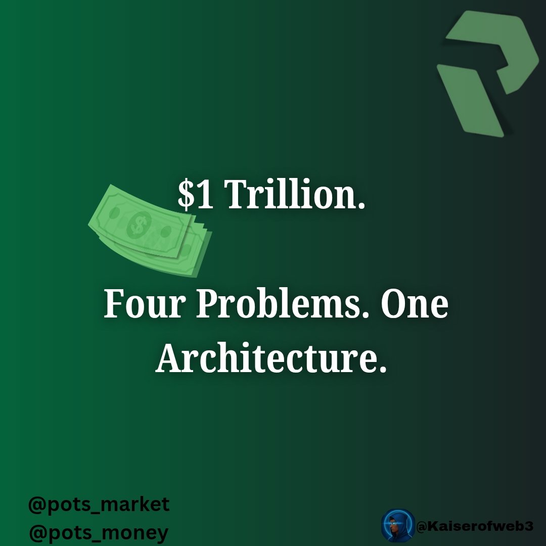Kaiserofweb3's tweet photo. Prediction markets have a $1 trillion opportunity in front of them.
and four structural problems that have stopped every protocol from reaching it.

POTS is the first architecture that solves all four at the root level. here is the exact breakdown. 
🧵

Problem 1:  Episodic Liquidity
every prediction market before POTS operated on the same cycle.

capital enters when a market opens. capital exits when the event resolves. 
the protocol never owns the liquidity it borrows it temporarily and watches it leave the moment an outcome settles.

this creates a ceiling on how deep, how frequent, and how sustainable your markets can be. you cannot scale a prediction economy on borrowed capital.

The Fix:  @pots_money
POTS Money is a dedicated yield layer that holds capital within the ecosystem between market cycles.

Instead of exiting after resolution, funds stay in orbit  earning yield, remaining liquid, and feeding back into the next market automatically.

Liquidity stops being episodic and becomes structural. that is a fundamental architectural shift.

Problem 2: Single-Layer Design
every major prediction market was built as one product doing one thing.

You come in, take a position, wait for resolution, exit. there is no second layer creating gravity around the capital. 
No mechanism that gives participants a reason to stay between events.

a single-layer protocol is always one slow news cycle away from a liquidity drought.

The Fix:  The Dual-Engine Model
@pots_market handles the demand side outcome-based positions, collective intelligence pricing, event resolution.

@pots_money handles the supply side yield generation, capital retention, continuous liquidity.

Two engines running in sync means the protocol generates its own internal demand rather than depending entirely on external market cycles.

Problem 3: No Incentive to Stay
most prediction market participants are transactional by nature.

They come for a specific event, settle their position, and leave. the protocol has no mechanism to convert a transactional user into a long-term participant.

without retention, you are constantly acquiring users just to replace the ones who left after the last event cycle. 

That is an expensive and unsustainable growth model.

The Fix:  Yield as Retention
when idle capital earns yield inside the $POTS ecosystem, participants have a direct financial incentive to keep funds within the protocol rather than bridging out between events.

Yield turns a transactional relationship into an economic one. the protocol stops competing for attention and starts generating its own reasons to stay.

Problem 4:  Shallow Market Depth
thin liquidity produces bad markets. wide spreads, easy manipulation, inaccurate pricing.

The information value of a prediction market is directly proportional to the depth of capital behind it. a market with shallow liquidity does not produce accurate forecasts it produces noise.

Most protocols have not solved for depth because they have not solved for retention.
 The two problems are the same problem.

The Fix: The Compounding Loop
when liquidity is permanent, markets get deeper over time rather than resetting with every event cycle.

Deeper markets produce more accurate pricing. more accurate pricing attracts more serious participants. more serious participants bring more capital. more capital deepens the markets further.

that is a compounding loop. and compounding loops are how protocols become infrastructure.

Four problems. one architecture.
episodic liquidity → @pots_money holds capital in permanent orbit.
single-layer design → dual-engine model creates internal demand.
no retention mechanism → yield converts transactional users into long-term participants.

Shallow market depth → permanent liquidity compounds into accuracy over time.

This is what fixing prediction markets at the structural level actually looks like.
@pots_market @pots_money