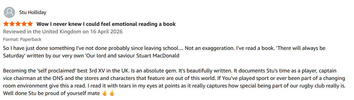 Stu__MacDonald's tweet image. Thanks @stuieholliday, very kind review!🫡 
#ThereWillAlwaysBeSaturday
#grassroots #rugby #socialrugby
amazon.co.uk/dp/B0GWMV4Q22/