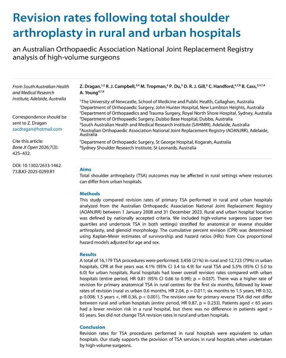 BoneJointOpen's tweet image. This study supports the continued provision of total shoulder arthroplasty procedures performed in rural hospitals by experienced surgeons.

#BJO #Shoulder #Arthroplasty #Healthcare #Surgeons

ow.ly/E2yo50YB9A3