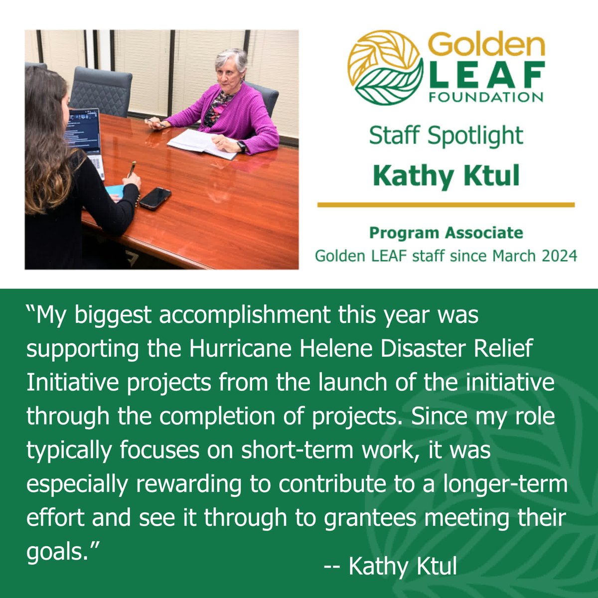 NCgoldenLEAF's tweet image. 🌟 Staff Spotlight Alert! 🌟
Meet Kathy Ktul, a dedicated member of the Golden LEAF Foundation team, whose passion shines through her work. Discover how Kathy's efforts as Program Associate are making a difference.
goldenleaf.org/staff-spotligh…
#GoldenLEAF #EconomicDevelopment #RuralNC