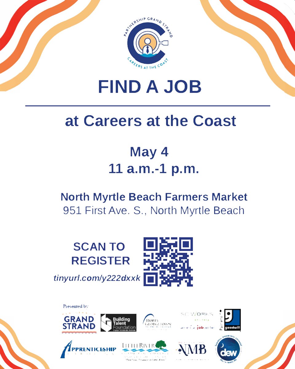 scworkswioa's tweet photo. Looking for your next opportunity? Careers at the Coast returns May 4 at the North Myrtle Beach Farmers Market. Meet employers face to face and explore immediate openings from 10 a.m. to 1 p.m.
#scworkswaccamaw #scworkswrcog #scworkswioa #scworks https://t.co/p2EPbiImi6