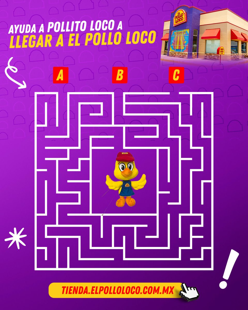 ¡Pollito Loco se perdió y el hambre no espera! 🐥💨 

¿Qué camino lo lleva directo a la sucursal? Comenta A, B o C y demuestra que eres un experto en llegar al sabor.

#TodoEsMejorConPolloLoco