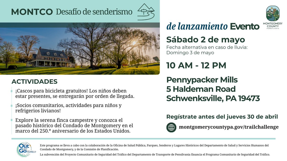HHSMontcoPA's tweet image. Join us at the #MontcoTrailChallenge Kick-Off on 5/2 at #PennypackerMills!

There will be a FREE helmet distribution for kids at the event, activities for families, and more!🚲

forms.cloud.microsoft/r/VxdeaZ0ahz

#CommunityEvent #MontcoTrails