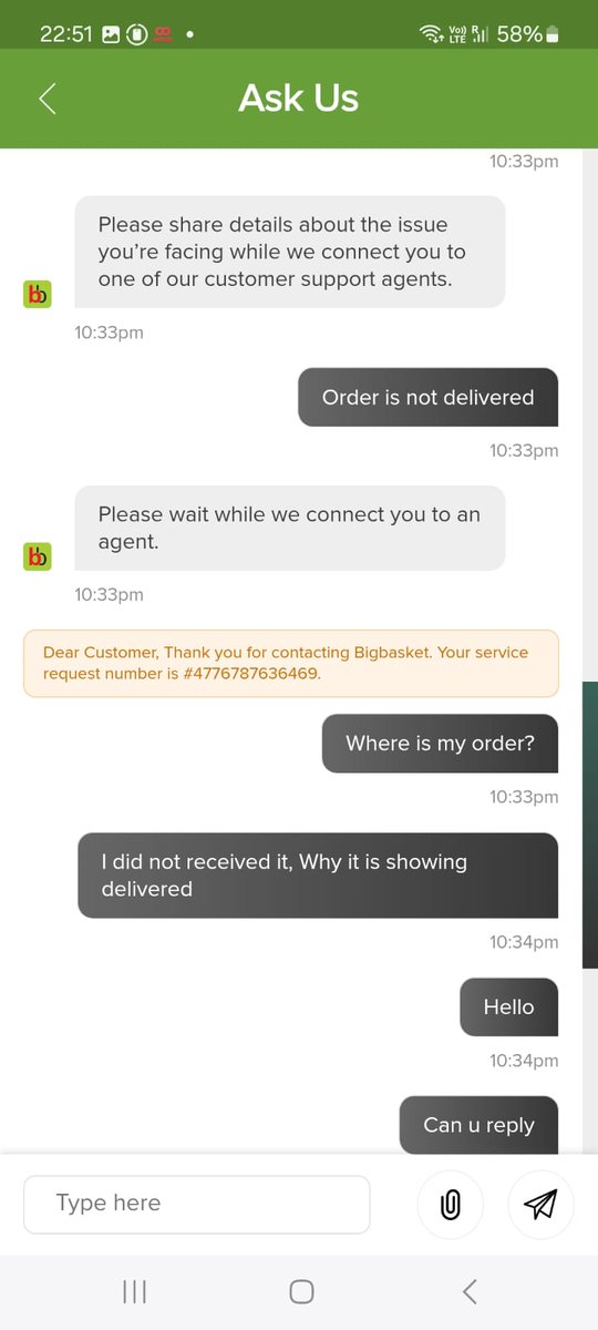 iaskmyright's tweet photo. @bigbasket_com There was no response on the App when I enquired, see the screen shot. Only after I raised the complaint here I got a call that too I am told yet again that the order has been delivered. I have 6 CCTV cameras at the entrance 1 right at my door, pls send any of ur person to verify https://t.co/XNQ4a4I1ql
