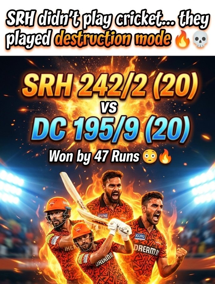 Adi_Terse's tweet image. SRH dropped 242 like it’s a casual net session 💀🔥
DC just came to watch the show 🎭
47 runs? That’s not a win… that’s a statement ✨
#SRHvsDC #IPL2026 #CricketMeme #SRH #DelhiCapitals #CricketTwitter #T20Madness #ViralPost