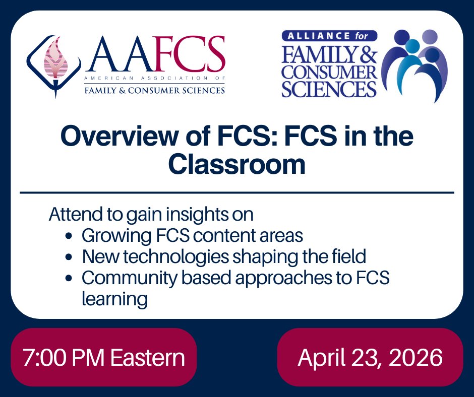 aafcs's tweet image. There’s still time to join us for Overview of FCS: FCS in the Classroom Thursday April 23 at 7 PM ET. A timely conversation about how educators can prepare students for the future. 
Save your seat before we begin! 

🔗 bit.ly/3Zr3QX3

#FCSEducation #webinar