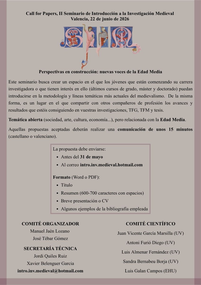 SIIM_Seminario's tweet photo. Atención, jóvenes investigadores!📜
CALL FOR PAPERS💥
Este año repetimos con el "II Seminario de Introducción a la Investigación Medieval" #SIIM ‼️
¿Estás interesado en estudiar la Edad Media? ¿Quieres dar a conocer tus investigaciones?
⚡Envía tu propuesta antes del 31 de mayo⚡ https://t.co/L0nHOmuSi7