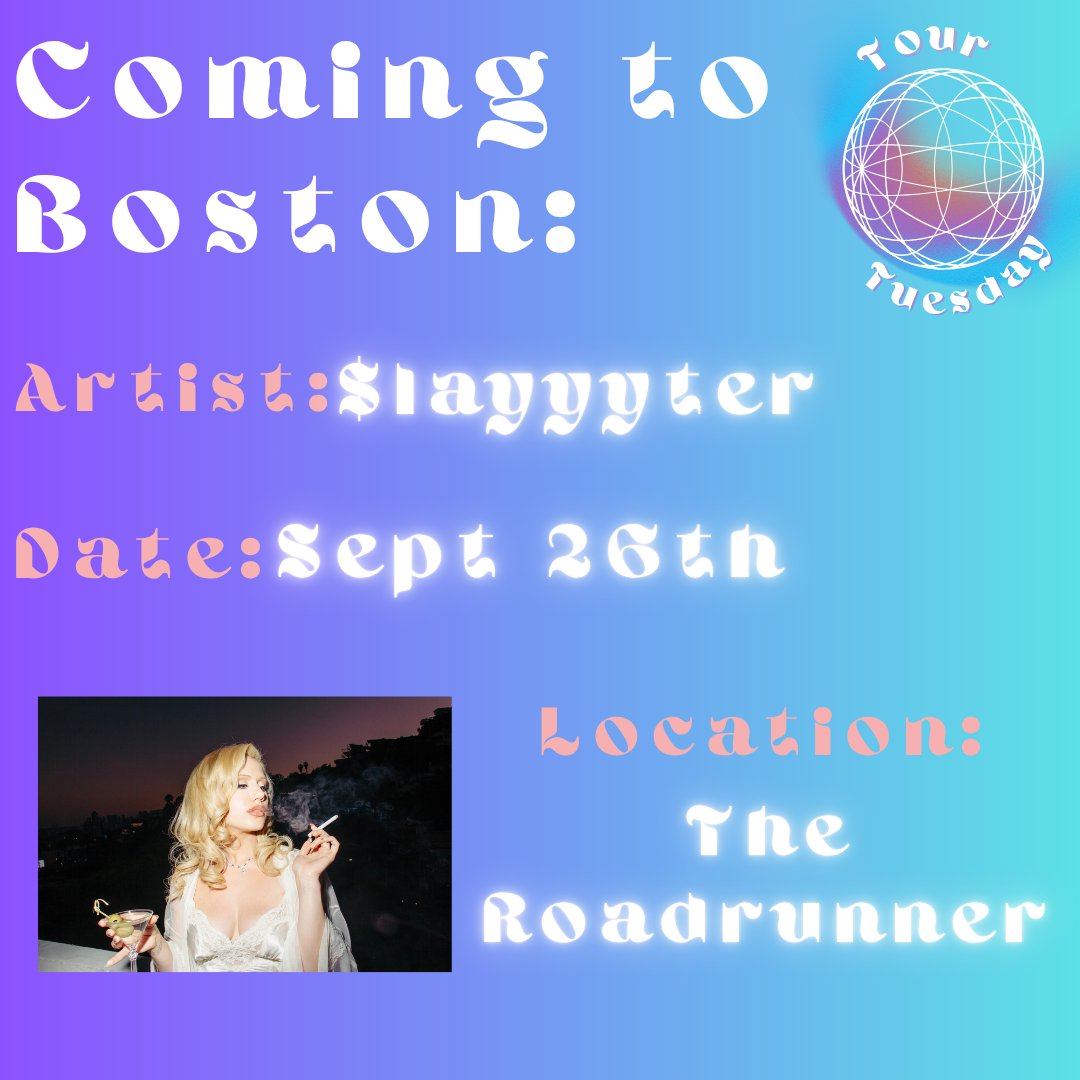 soundsgoodBOS's tweet image. Hey #Boston if you're looking to add to your fall concert line up check out @slayyyter as she comes to @roadrunnerbos on September 26th! Buy tickets here: slayyyter.com/tour

#boston #concert #newmusic #tour #slayyyter
