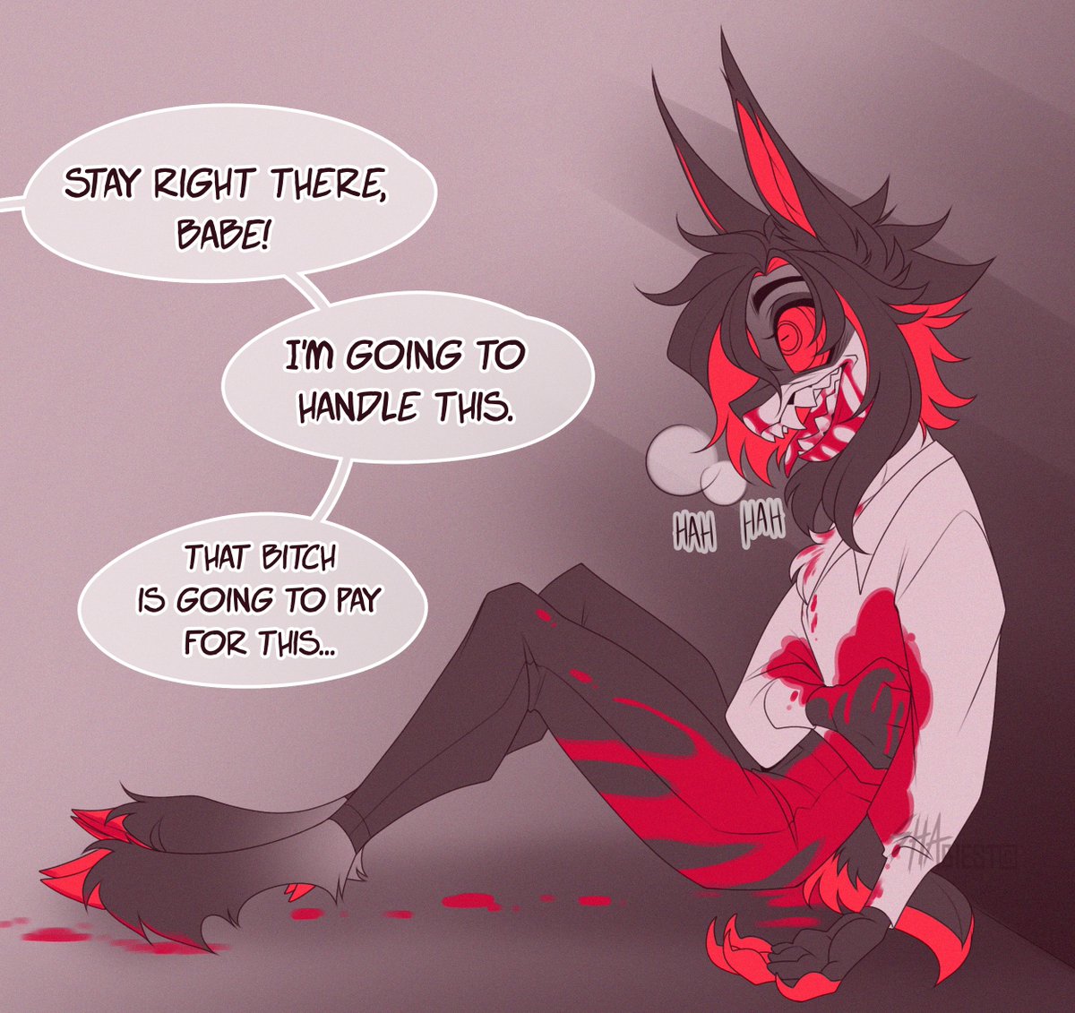 ShaBiest's tweet image. Continuation of the previous post! 
Bit of thoughts and ideas: mayhaps Valentino is a vengeful ex, wanted to shoot Vox and Alastor jumped in.. THE END.

#HazbinHotel #blood #injury #LostSignal #Radiostatic #Voxal