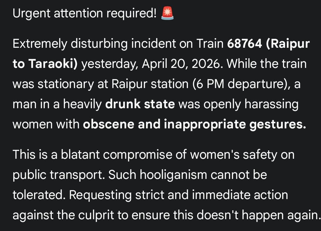 Anupriya_0417's tweet photo. @RailMinIndia @RailwaySeva @rpfsecrhq @CG_Police @NCWIndia @vishnudsai @IBC24News @DainikBhaskar @AshwiniVaishnaw @ZeeMPCG @IndiaToday @aajtak
#Raipur #WomensSafety #IndianRailways #Chhattisgarh #ActionNow https://t.co/fW3edWitnX