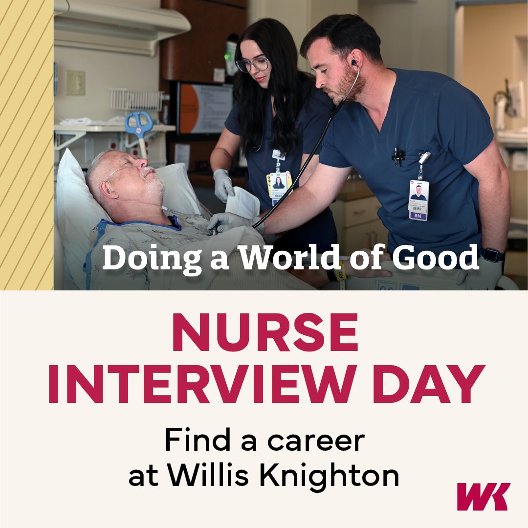 WKHeath's tweet image. Nurses, we're excited about meeting you tomorrow. Join us at Willis Knighton Bossier from 4:30 – 6:00 p.m. Explore new career opportunities with on-site interviews and networking with our Patient Care Coordinators. wkhs.com/careers #WKHealth #JobOpportunities #Recruitment