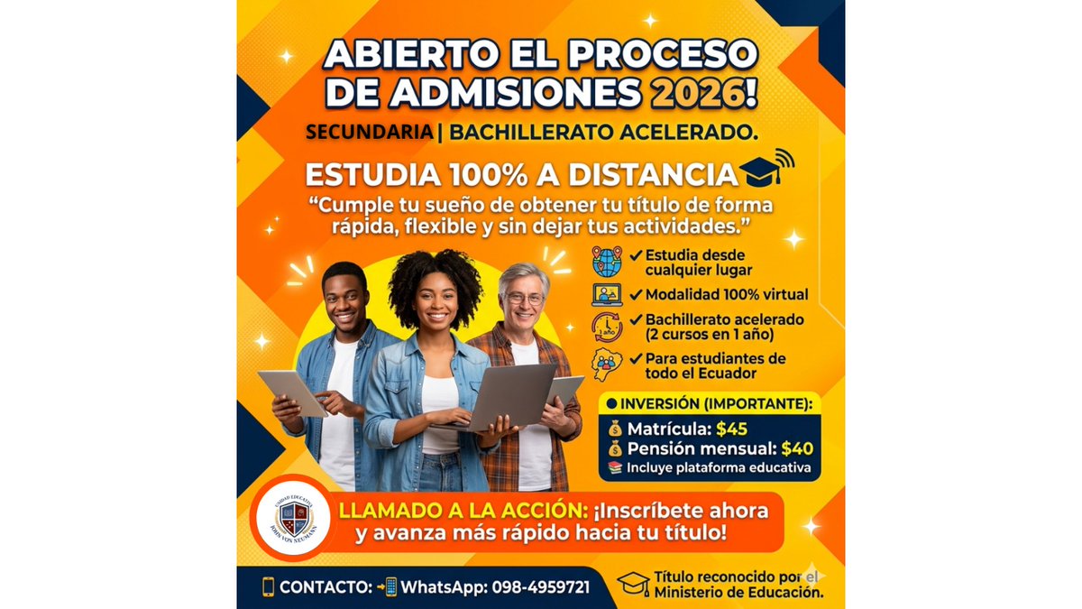 ManfreMoran1's tweet photo. La Unidad Educativa PCEI John Von Neumann, ofrece los servicios educativos de octavo de Educación Basica hasta tercero de Bachillerato, que no se hayan graduado.
 
Deben tener de 18 años en adelante para ingresar al Colegio, 100% en linea, contamos con plataforma educativa. https://t.co/er087Vb6FD