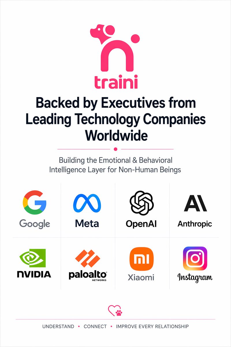 ArvinSun's tweet photo. While organizing our investor records recently, I realized something unexpected:

Traini is backed by executives from some of the world’s leading technology companies.

@Google · @Meta · @OpenAI· @Anthropic · @NVIDIA · @Palo Alto Networks · @Xiaomi Technology · @Instagram. https://t.co/pqFL4BnyPI