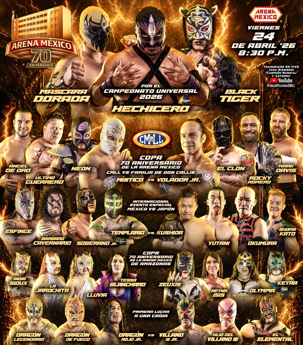 🔜
📍Arena México
🗓️ Viernes 24 de Abril '26
🕣 8:30 p.m.

🎟️ en taquillas y en Ticketmaster: ticketmaster.com.mx/event/14006450…

📺 Transmisión EN VIVO en exclusiva para miembros nivel “Campeón Mundial” y “Leyenda”: youtube.com/VideosOficiale…

#ViernesEspectacularCMLL