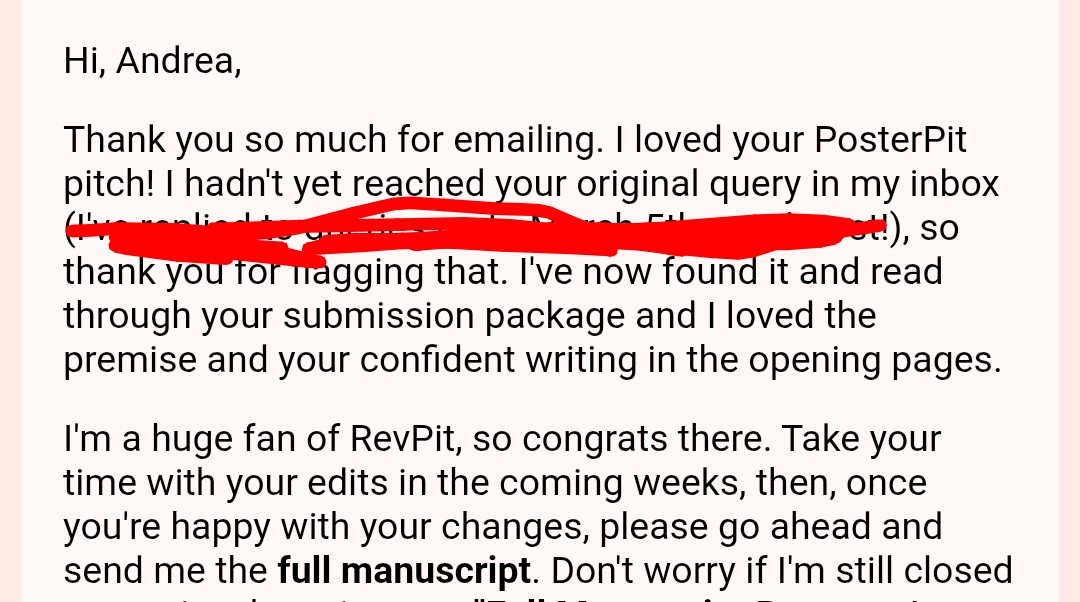Andrea_H_Writes's tweet image. I'm thrilled to have gotten seven full requests in seven weeks of querying, but there's a special kind of torture to asking agents to put me on the back burner because I'm doing #revpit rewrites, even when they're understanding.

#amquerying #writingcommunity