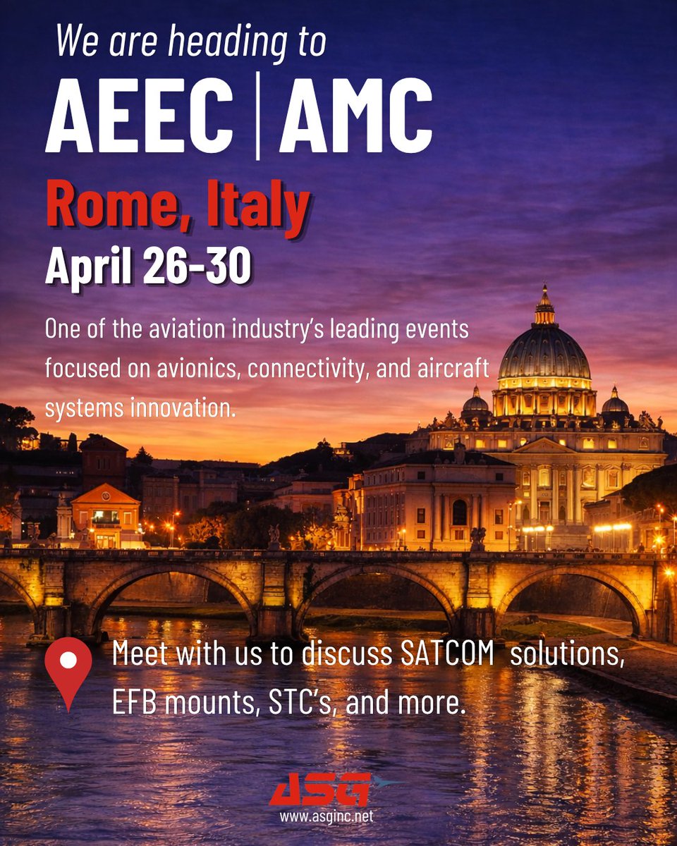 ASGavionics's tweet image. ✈️ Join us in Rome 🇮🇹 at AEEC | AMC (April 26–30) as we connect with industry leaders and explore the latest in avionics, connectivity, and flight ops tech.
Let’s talk SATCOM, EFB mounts, STCs &amp;amp; more. See you there!

#ASG #AEEC #AMC #AviationTechnology #FlightOps #MRO #Avionics